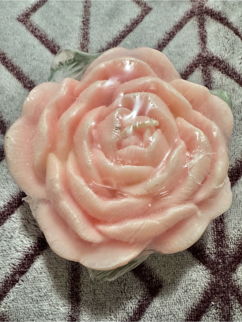 Pink Floral Rose-Shaped Candle with Green Leaves
